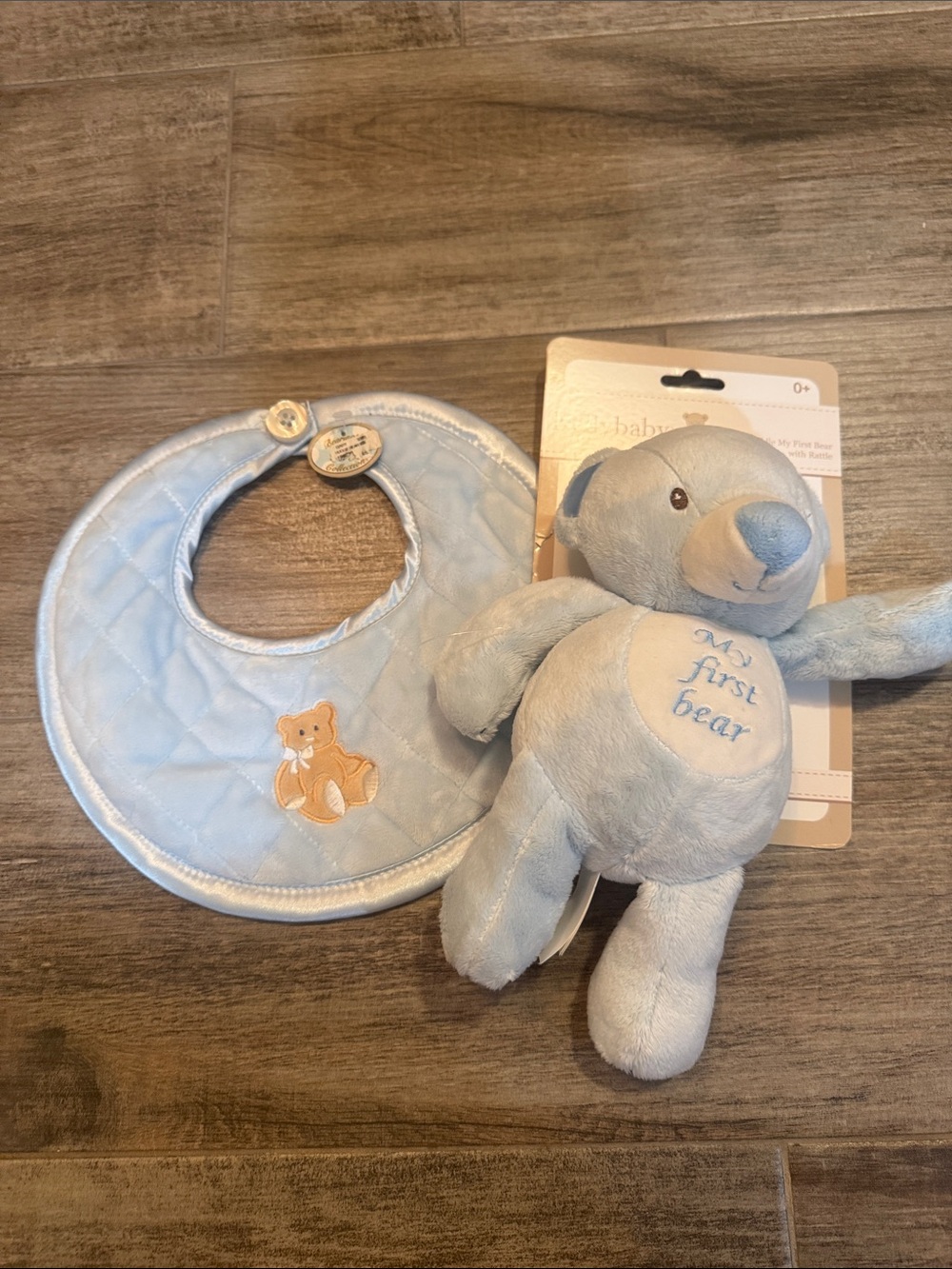Light Blue 'My First Bear' Plush Toy and Quilted Bib Set